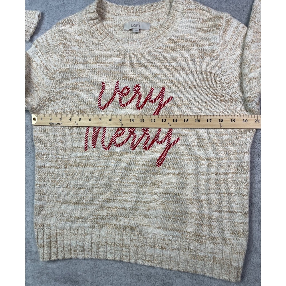 LOFT Sweater Womens Large L Beige Chunky Knit Very Merry Candy Cane Graphic Cozy - Picture 5 of 11